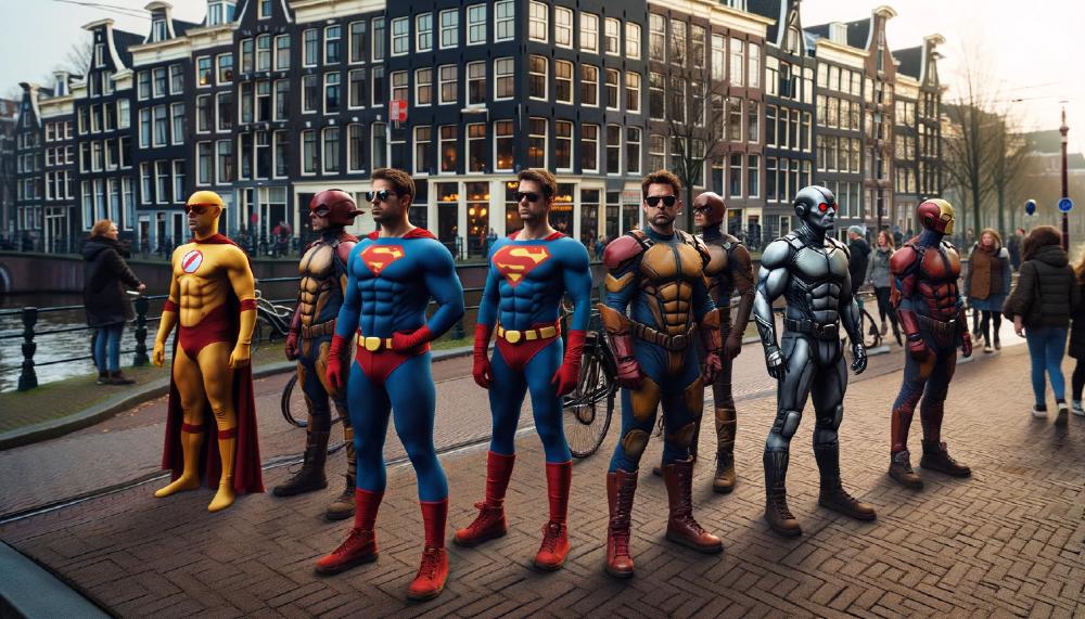 A group of guys wearing stag do costumes themed as superheroes