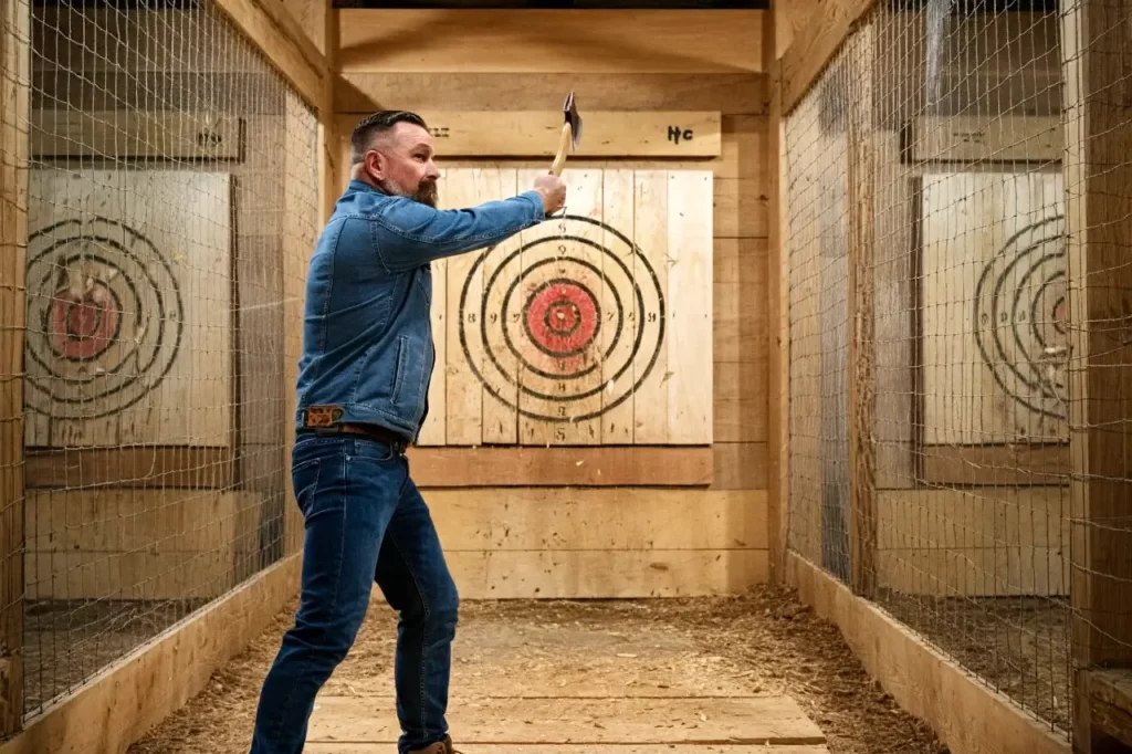 A man throwing an axe for his stag activities Galway