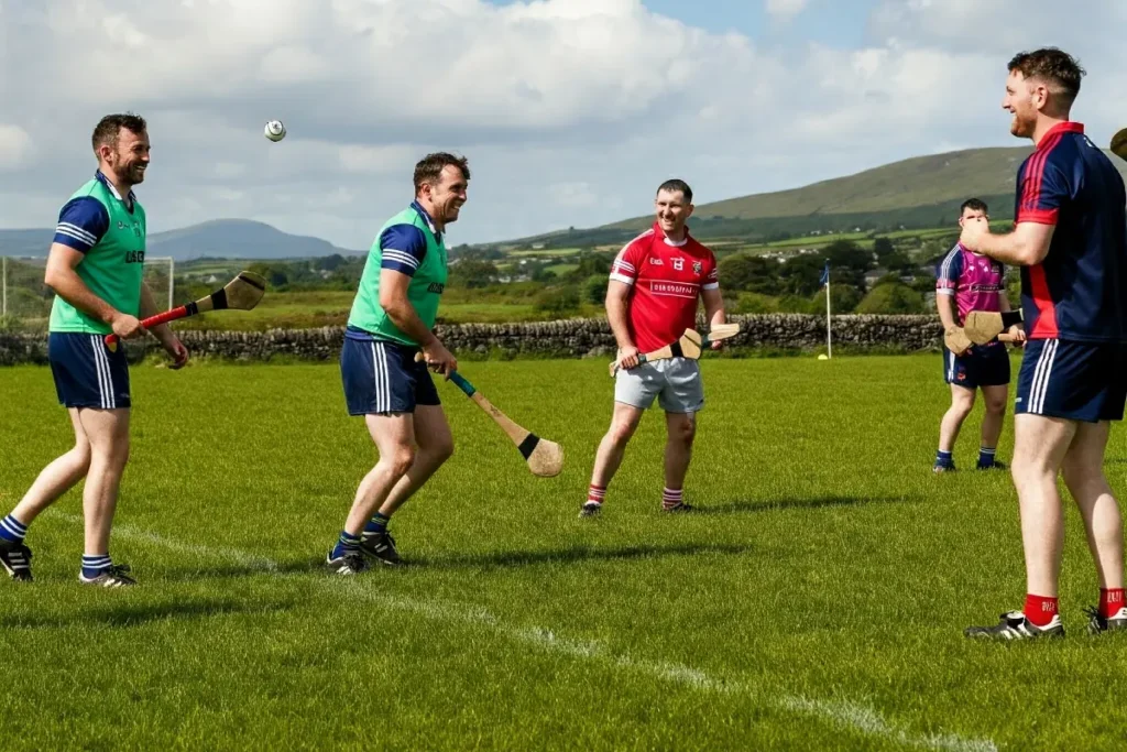 Men playing hurling for a GAA tournament stag do activity