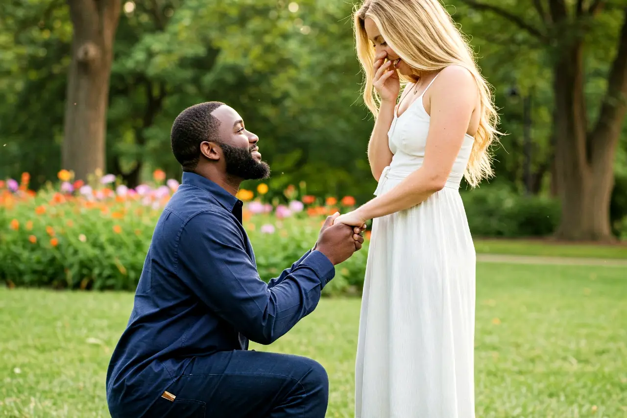 A man proposing to a woman thinking about how to propose without a ring